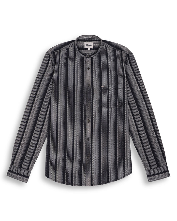 CHINESE COLLAR STRIPE SHIRT IN BLACK